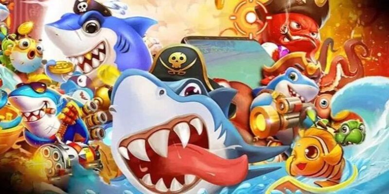 a cartoon shark with pirate hat and gun